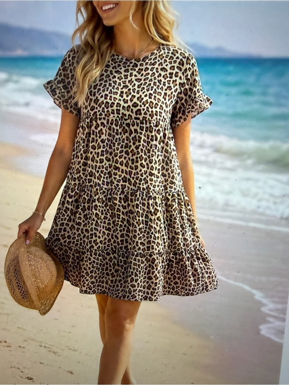 Boho Leopard Print Tiered Mini Dress - NWOT- Size M